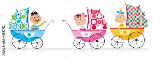 Vector: Cute Babies in baby strollers Cute Babies in baby strollers