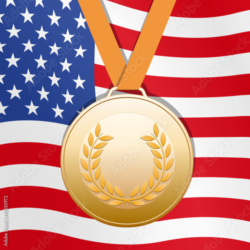 Illustration: Bronze medal on United States flag background Bronze medal on United States flag background