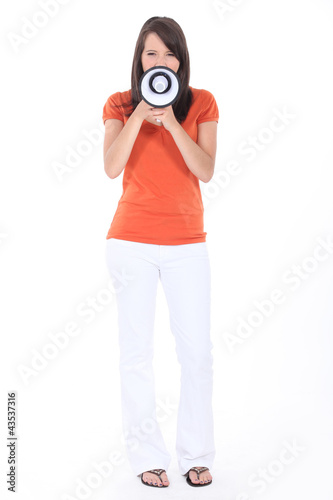 Photo: Woman with a loudspeaker Woman with a loudspeaker