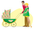 Happy Couple with Baby Stroller