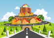Vector: Colorful abstract city on rock Colorful abstract city on rock