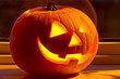 Halloween pumpkin with scary on the window at night