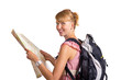 Touristin mit Landkarte und Rucksack