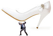 Woman domination concept with shoes and man