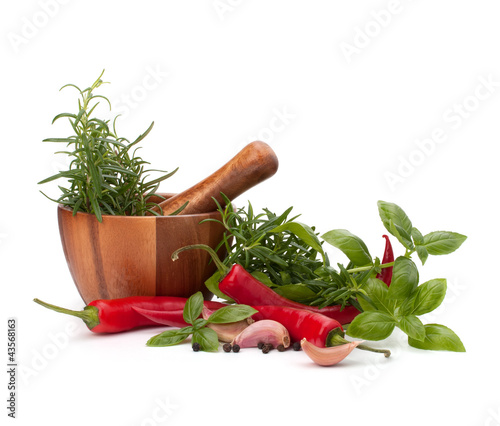 Photo: fresh flavoring herbs and spices in wooden mortar fresh flavoring herbs and spices in wooden mortar