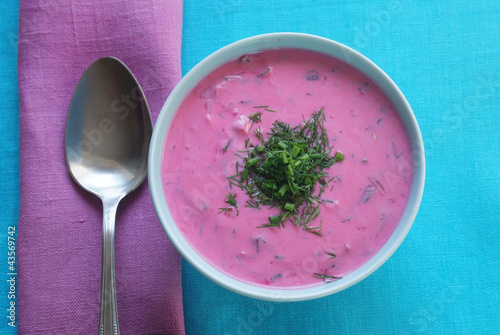 Photo: Chłodnik - cold beetroot soup in a bowl on a tablecloth Chłodnik - cold beetroot soup in a bowl on a tablecloth