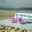Cushion and baby shoes on picnic blanket