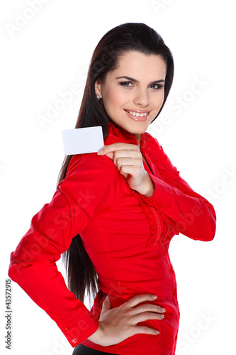 Photo: young, beautiful brunette holds a banner young, beautiful brunette holds a banner
