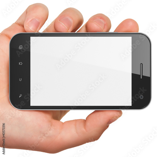 Illustration: Hand holding smartphone on white background. Generic mobile smar Hand holding smartphone on white background. Generic mobile smar