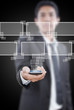 Businessman putting touch screen mobile phone with button.