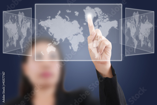 Photo: Business lady pushing Social Network diagram. Business lady pushing Social Network diagram.