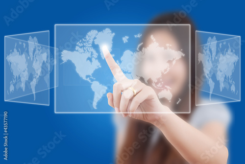 Photo: Business lady pushing Social Network button. Business lady pushing Social Network button.
