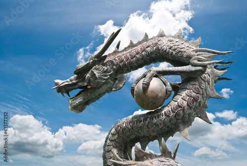 Photo: Chinese style Dragon statue on the blue sky field. Chinese style Dragon statue on the blue sky field.
