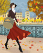 Woman walking along embankment in autumn city
