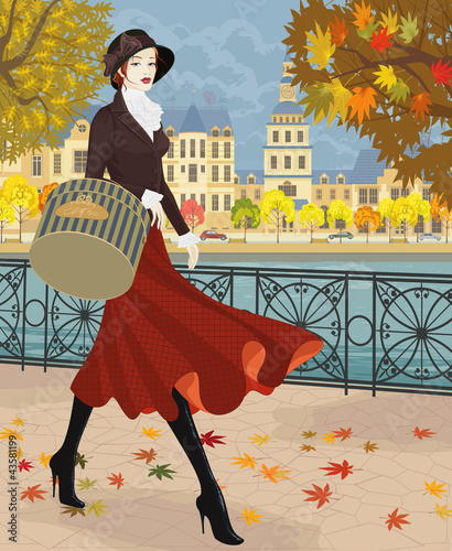 Vector: Woman walking along embankment in autumn city Woman walking along embankment in autumn city