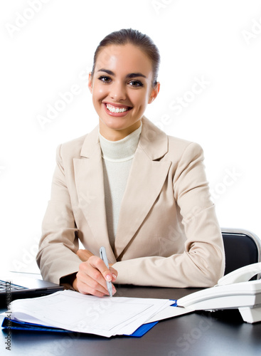 Photo: Happy smiling business woman, over white Happy smiling business woman, over white