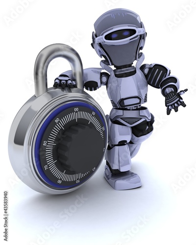 Illustration: Robot with combination padlock Robot with combination padlock