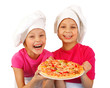 Two funny happy backers preparing pizza