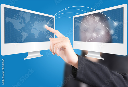 Photo: Business lady pushing Social Network diagram. Business lady pushing Social Network diagram.