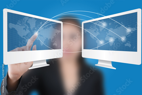 Photo: Business lady pushing Social Network diagram. Business lady pushing Social Network diagram.