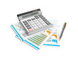 3d illustration: calculator, pen and papers. Accounting analysis