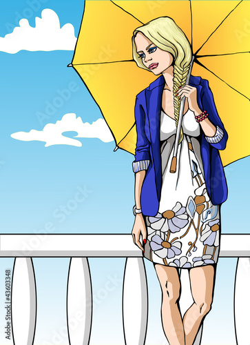 Vektor: The beautiful girl with a yellow umbrella The beautiful girl with a yellow umbrella