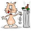 A cartoon cat with smelly fish next to a trash can rubbish bin