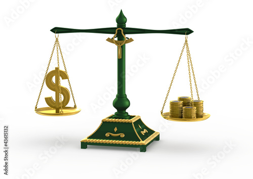 Illustration: waage2_dollarzeichen_euromuenzen_01 waage2_dollarzeichen_euromuenzen_01