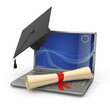 E-learning graduation. Laptop, diploma and mortar board