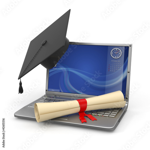 Illustration: E-learning graduation. Laptop, diploma and mortar board E-learning graduation. Laptop, diploma and mortar board