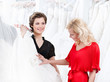 Two girls have a good look at the wedding dress