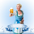 junge blonde Frau im Dirndl mit Masskrug und Brezn