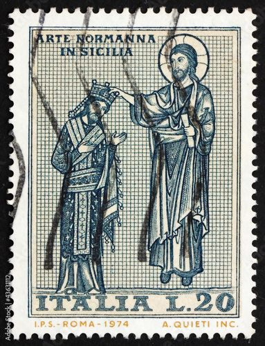 Photo: Postage stamp Italy 1974 Christ Crowning King Roger Postage stamp Italy 1974 Christ Crowning King Roger