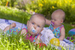 identical baby twin sisters playing in the garden.