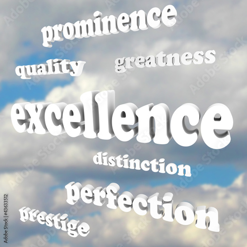 Illustration: Excellence Greatness Quality Words in Cloudy Blue Sky Excellence Greatness Quality Words in Cloudy Blue Sky