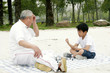 A boy playing chess with his grandfather on the lakeside