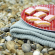 A tray of cakes on a folded picnic blanket