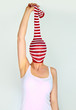 crazy woman with a sock on her head