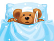 Vector: Vector of sick baby bear with thermometer in bed. Vector of sick baby bear with thermometer in bed.
