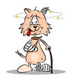 An injured cartoon cat with bandages plaster and walking stick