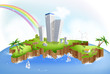 Skyscrapers stands on island with rainbow in the background