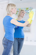 Woman cleaning the bathroom mirror