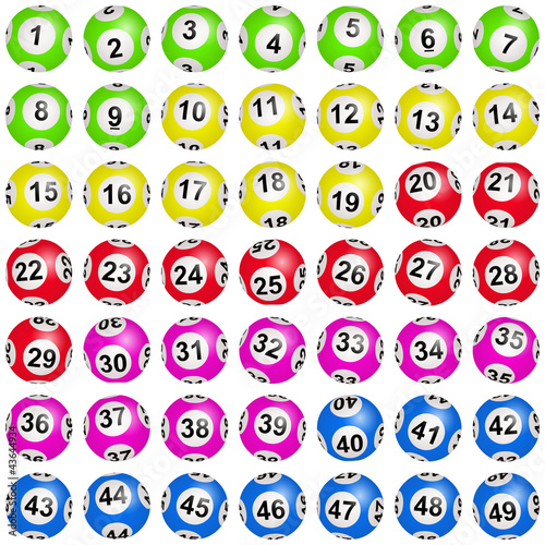 Illustration: Boules de loto colorées numérotées de 1 à 49 Boules de loto colorées numérotées de 1 à 49