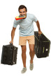 Tourist hurrying to flight with tickets and passport in teeth