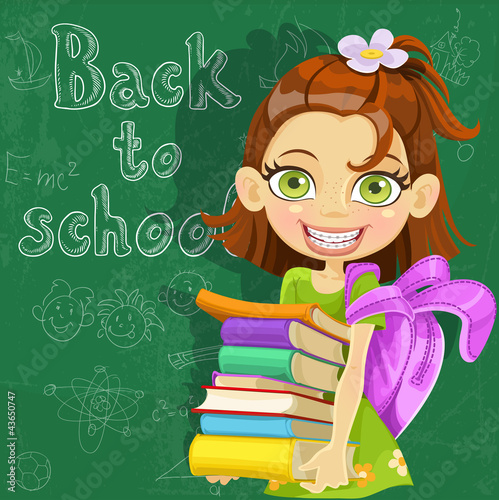 Vector: cute girl with books at the board ready to learn cute girl with books at the board ready to learn