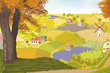 Vector: View from a hill on a farm in autumn. View from a hill on a farm in autumn.