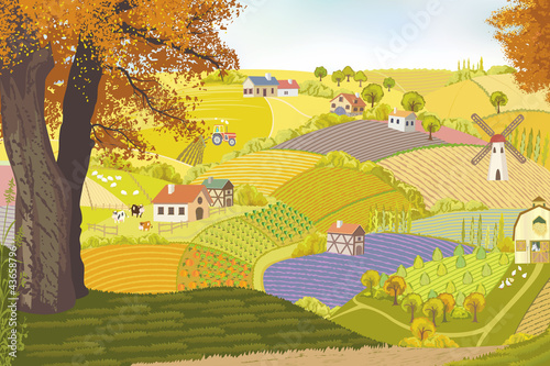 Vector: View from a hill on a farm in autumn. View from a hill on a farm in autumn.