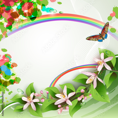 Ilustração vetorial : Elegant background with beautiful flowers, rainbow and butterfly Elegant background with beautiful flowers, rainbow and butterfly