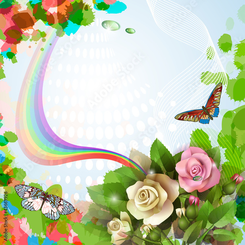 Vector: Elegant background with beautiful roses and rainbow Elegant background with beautiful roses and rainbow