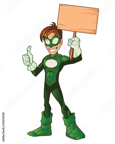 Vector: Green Super Boy Hero Thumb Up Holding Board Green Super Boy Hero Thumb Up Holding Board